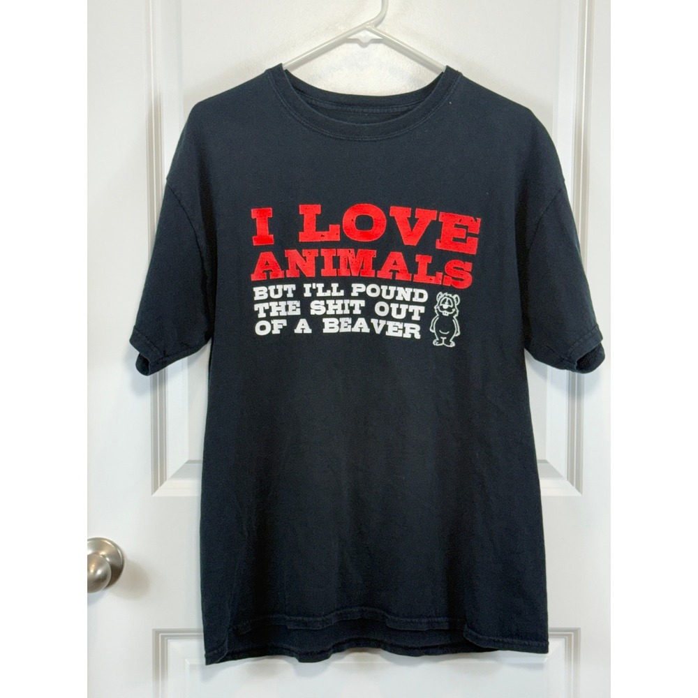 Spencer's Gifts Mens I Love Animals Pound a Beaver T-Shirt Black‎ Large Funny L